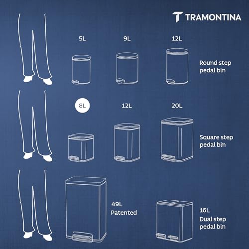 Image of TRAMONTINA 8 Litre Stainless Steel Step Dustbin | Fingerprint-Resistant Finish | Soft-Close Lid | Removable Inner Bucket | Square Trash Can for Home, Office & Hospitality