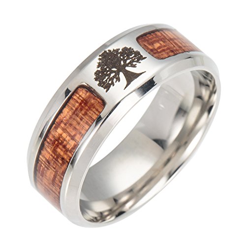 PAMTIER Bague Homme Arbre de Vie 8MM Anneau de Bande en Acier Inoxydable en Bois Incrusté Taille 60