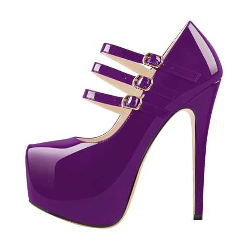 15cm Platform Round Toe Patent High Heel Stiletto Ankle Strap Pumps