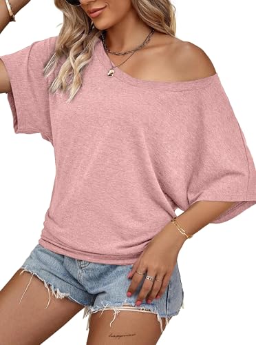 Image of Hilinker Womens Sexy Off The Shoulder Tops Short Batwing Sleeve T Shirt Oversized Casual Tee