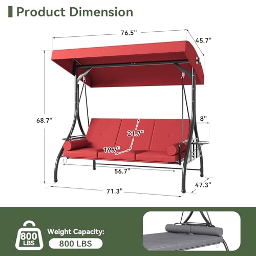 Image of Aoxun Outdoor Porch Swing with Stand and Canopy, 3 Seats Outdoor Swings for Adults, Convertible 2 in 1 Swing Bed with Cup Holder, Patio Swings with Thicken Cushions for Garden, Yard & Balcony, Wine