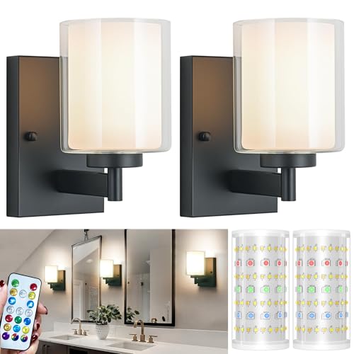 Image of Battery Operated Wall Sconce Set Of 2, 10000mAh Wireless Rechargeable Wall Sconce With Remote Control, RGB Dimmable Bathroom Light Fixtures With Double Clear Glass Shade For Mirror Bedroom Living Room