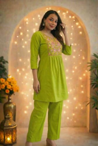 Image of Women's Rayon Embroidered Kurti with Pant Set | Floral Yoke Design | 3 /4 Sleeve Ethnic Co-Ord Set | Regular Fit Traditional Outfit