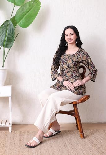Image of MEERA FAB Women's Floral Printed Cotton Short Kurta | Floral Printed Kurta with Quarter Sleeves | Short Kurti for Women