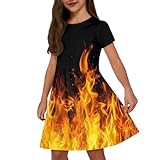 Pointodoor Flame Girls Short Sleeve Dresses 5-6Y Girl's Summer Swing Party Dress Casual Loose Crew Neck Knee Length A-Line Dresses with Pockets