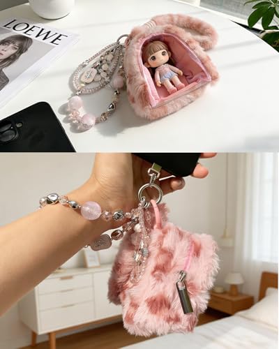 YONONIC Beaded Phone Charm and Plush Doll Protective Case Kit, Cell Phone Chain with Mini Key Headset Bag for Women, Cute Charm Wrist Strap and Portable Storage Bag for Doll Lipstick Cosmetic, Pink - image 3