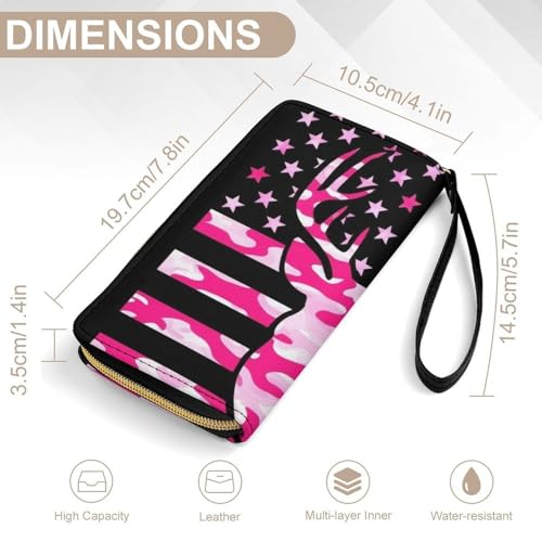 Fashion Decor Wallet, Long PU Zipper Wallet, Travel Purse Fashion Design, Huge Storage Capacity Purse With Rope Pink Camouflage American Flag Hunting Camo Deer2