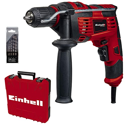 Einhell Pack de Taladro percutor con cable - TC-ID 720/1 E - con guía para espigar kwb - Perforación/taladrado de Percusión, portabrocas de 13 mm, Incluye juego de brocas de 5 piezas para hormigón
