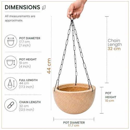 Image of Go Hooked Henri Hanging Planter Pot for Indoor & Outdoor Plants Pack of 5 | 7 Inch Plastic Hanging Pots with Metal Chain | Decorative Round Hanging Planter for Balcony, Garden & Home Decor (Sandstone)