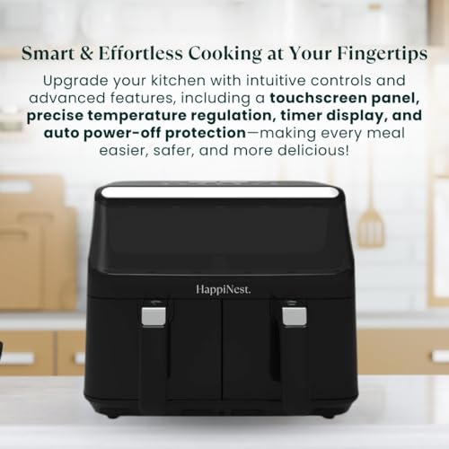 HappiNest 8L Smart Double Air Fryer – Low Wattage, Dual Basket Air Fryer with Touch Screen & Manual Control, Non-Toxic, Black Stainless Steel Portable Multi Cooker for Healthy Cooking - Image 6