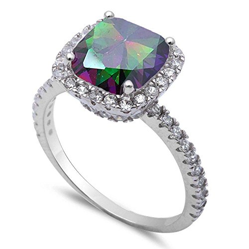 Oxford Diamond Co Cushion Cut Rainbow Cubic Zirconia .925 Sterling Silver Ring Sizes 7