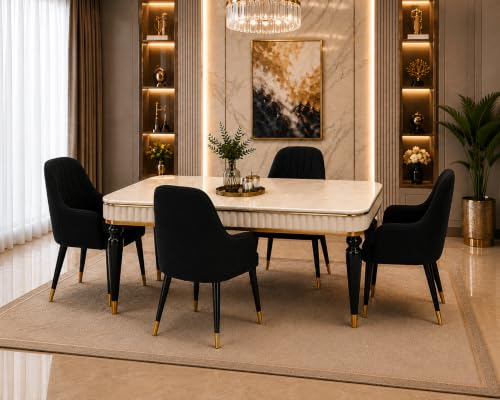 Image of 4 Seater Dining Table Set with Nano Composite Marble Top, Solid Wood Base & 4 Upholstered Chairs, Modern Dining Table Set for Home & Dining Room Furniture (Black, White Marble Top, 4 Seater)