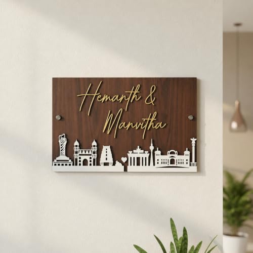 Image of Customized Wooden Name Plate for Home Entrance 12x7 Inch Rectangular Door Name Sign with Golden Acrylic Letters Personalized Couple Name Board Modern Decorative Wall Name Plate