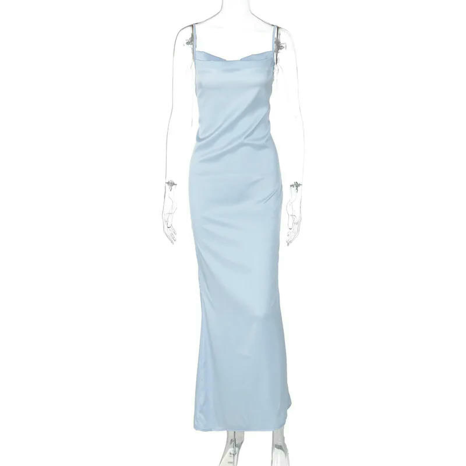 Vestito Donna Elegante Abito Raso Incrociato Criss Women Spaghetti Cinghia Maxi Dress Summer Elegant Party Dresses-Azzurro-m