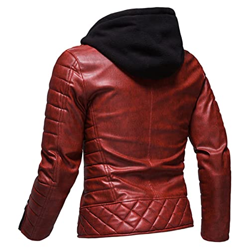 Image of Men's Red Leather Jacket: Genuine Sheepskin Retro Biker with Lapel Collar & Hood - Vintage Distressed Style