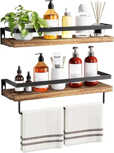 Image of UHUD CRAFTS Set of 2 Bathroom Shelves with Towel Bar, Wall Mount Floating Shelves for Bathroom /Living Room /Kitchen /Bedroom | Dark Burnt Wooden Wall Shelves