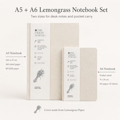 Image of Lemongrass Paper Notebook Set of 2 - A5 Hardbound Journal 160 Ruled Pages + A6 Pocket Notebook 64 Ruled Pages, FSC Certified Recycled Paper, Eco Friendly Diary Set for Work, Study & Gifting
