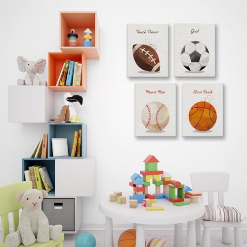 Image of Watercolor Sport Football Basketball Soccer Softball Boys Room Decor Canvas Wall Art Motivational Prints Paintings for Bedroom Nursery Playroom Classroom Funny Birthday Gifts 4PCS,Framed,8x10IN