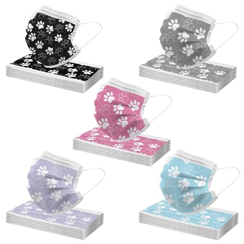 41XZLWiVe0L. SL500 50PCS Paw Print Disposable Face Mask, 3 Ply Cute Pattern Face Masks for Adults Women Full Face Protection (#02)