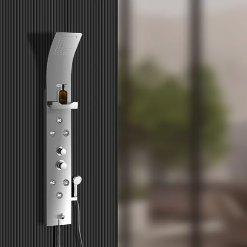 Image of Jaaz Hydra Matte Shower Panel for Bathroom Full Set with Rain & Waterfall Overhead Shower, 6-Body Jets, 5-Function Mixer & Diverter, Shampoo Rack, Hand Shower & Tub Spout (Steel Matte)
