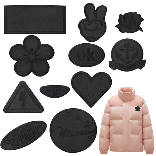 11 Pcs Self-Adhesive Patches, No-Sew and No-Iron Fabric Repair Patches, Black Embroidered Stick-On Applique Badges for Clothes, Jackets, Coats, Hats, Jeans, Easy Apply Decorative Patches (Style A)