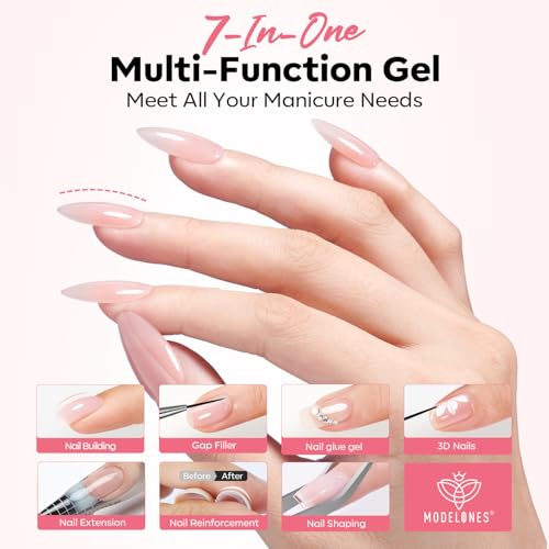 Image of modelones Builder Nail Gel, Clear Builder Nail Polish 7-in-One with Detachable Liner Nail Brush LED Lamp Cured Strengthener Color Rubber Base Coat for Apex Building Extension Thickening 10ml
