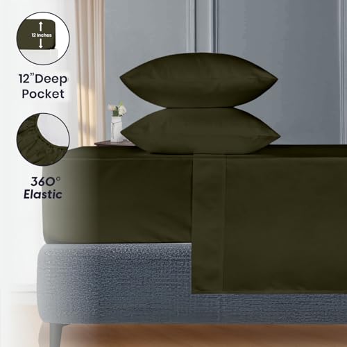 Image of SGI 108 inchx80 inch 4 Pc Florida King Sheet Set 600 TC 12 inch Deep, Olive Green