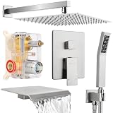 Bietor Wall Mounted Shower Faucet Set, Shower System with Tub Spout, 12 Inch Rainfall Shower Head with Handheld Spray, Waterfall Tub Spout Bathtub Faucet, Brushed Nickel