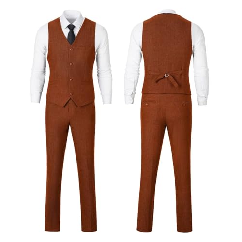 Image of Retro 3 Piece Suit Tweed Herringbone Men's Suits Slim Fit Jacket Vest Pant | Tweed Wool Blend Retro 3 Piece Suit Herringbone Men's Suits Vintage Wedding Groom Tux Set Dress Prom Single Breasted Jacket