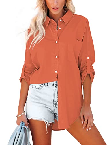 Homlan Blusa de algodón de Manga Larga para Mujer, Elegante Blusa, Camisas Informales, Tiras de Botones, Monocolor, Camiseta de Manga Larga, túnica con Bolsillos en el Pecho, Naranja, XXL