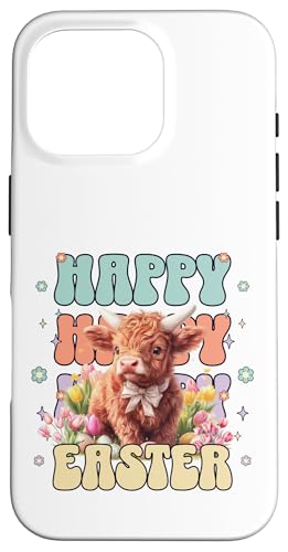 Happy Easter Scottish Highland Cow Cute Heifer Cow Farm Carcasa para iPhone 16 Pro