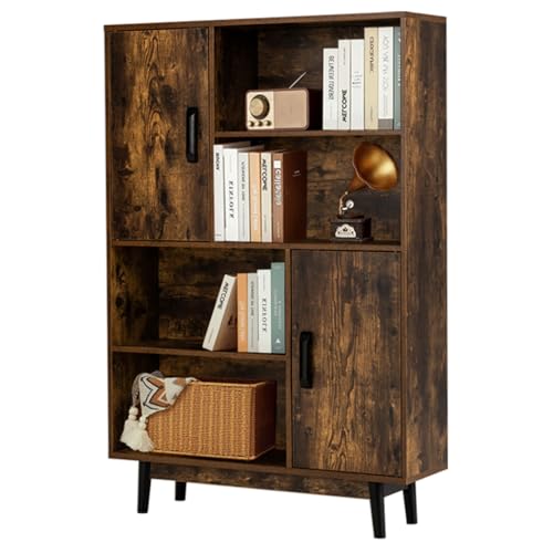 SFAREST Wooden Storage Bookcase, Free Standing Tall Cupboard with Doors & Open Shelves, Home Office Display Cabinet Bookshelf for Living Room Dinning Bedroom Hallway(Rustic Brown,80 x 24 x 120cm)