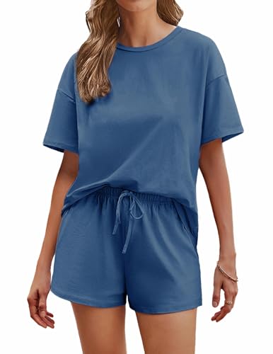 Image of Ekouaer Cotton Pajamas Set for Womens Soft Short Sleeve Lounge Set Shorts Sleepwear Set 2 Piece Pjs Sets