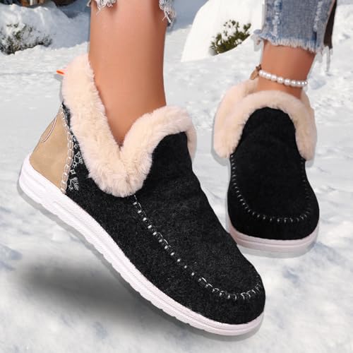 Snow Boots for Women Winter Flat Fluffy Ankle Boots Warm Faux Fur Lining Anti-Slip Slip on Loafer, Casual Indoor Outdoor Plush Short Booties Warm Cozy Micro Suede Memory Foam Slipper3
