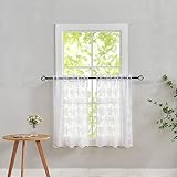 Cafe Curtains 30 Inch Length Pair - Vintage Short Sheer Lace Kitchen Curtains, Scalloped Half Window Tiers, Mini Front Door for Small Window Privacy, Desk Cabinet 26' x 30' White