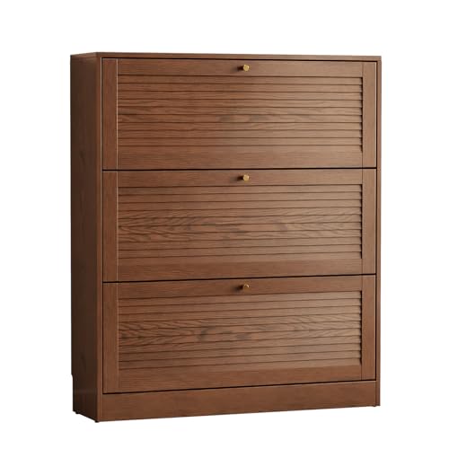Image of KungFuWood Soild Wood Shoe Storage Cabinet with 3 Flip Drawers for Entryway,Narrow Shoe Rack Cabinet with Adjustable Shelves,Morden Hidden Shoe Organizer,Foyer, Hallway