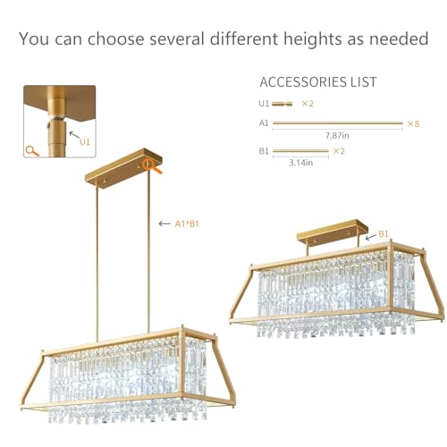 Image of LMQNINE Chandeliers for Dining Room, 4-Light Trapezoidal Industrial Dining Room Light Fixture Farmhouse Chandelier Crystal Pendant Lights Kitchen Island Living Room (Gold 35.43 inch)