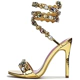 LISHAN Women's Ankle Wrap Heeled Sandals Round Open Toe Colorful Rhinestones Stilettos Pull On Slim High Heels Nightclub Dating Sandals Prom Party Wedding Heels Gold Size 8