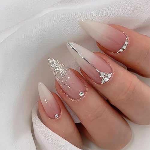 24Pcs Press on Nails Almond Shape - White French Tip with Gold Li...