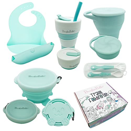 Image of BrushinBella Collapsible Feeding Set - Travel Supplies: Silicone Suction Bowl, Plate, Bib, Spoons for Baby & Toddler Gift