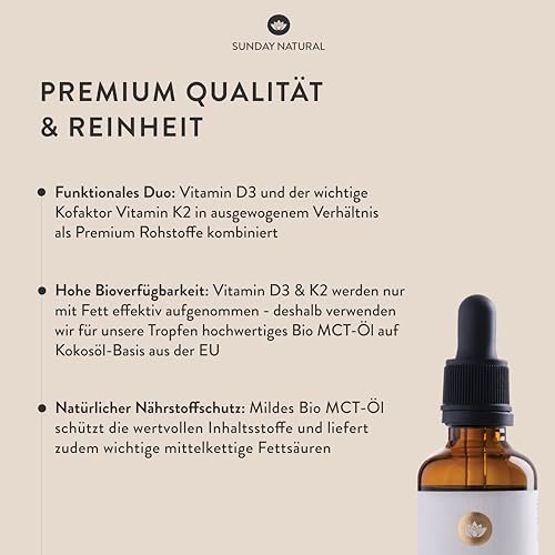 SUNDAY NATURAL® Vitamin D3 K2 Tropfen – Premium Vitamin D 3 1.000 IE (25µg) + K2-MK7 ≥99,8% all-trans 20µg – Kölner Liste® - Hohe Bioverfügbarkeit, ohne unnötige Zusätze, laborgeprüft