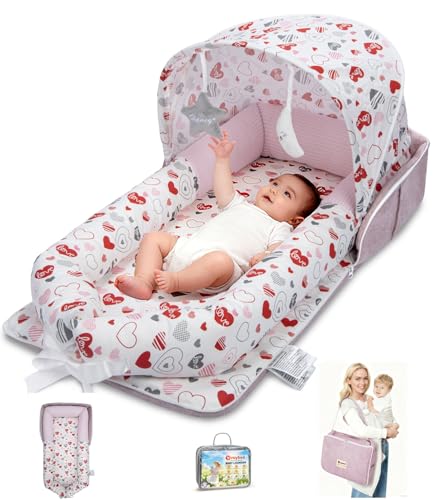 Baby Lounger, Portable Foldable Travel Lounger for Newborn 0-12 Month, Washable Lightweight Infant Nest with Canopy, Soft Breathable Baby Nest with...