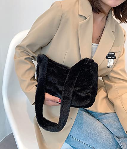 Tchh-Dayup Fluffy Tote Bag For Women Girls Ladies Fuzzy Shoulder Bag Purse Plush Underarm Handbag For Autumn And Winter (Black) #TOP3
