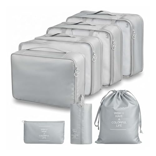 Image of BRAND VILLA 7 Pcs Travel Organizer Set Packing Cubes Luggage Organizer Bags with Shoe Bag, Laundry Pouch & Toiletry Bag for Clothes, Shoes, Accessories, Lightweight Travel Storage for Suitcase (Grey)