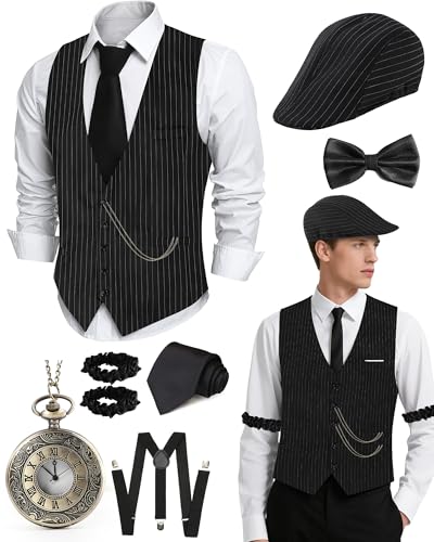 1920s Mens Costume, Roaring 20s Costumes for Men, Fedora Hats for Men 1920S Mens Outfit with Hat, Vest,Pocket Watch