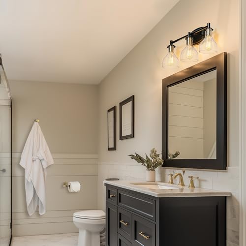 Image of GLOBE Electric 63000062 5-Piece All-in-One Bathroom Set, Matte Black & Brass, 3-Light Vanity Light, Seeded Glass, Towel Bar, Toilet Paper Holder, Towel Ring, Robe Hook, Bathroom Lights Over Mirror