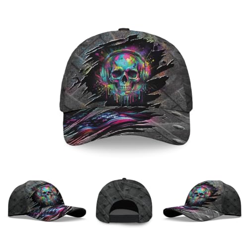 Image of Skull Cap, Gifts for Men, Skull Us Flag Skeleton Gothic Horror, Black Baseball Cap, Adjustable Caps Sun Hat
