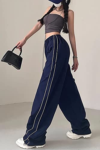 Yioaga Parachute Pants For Women Baggy Cargo Pants Y2K Sweatpants Loose Wide Leg Track Pants (Navy,L) #TOP3
