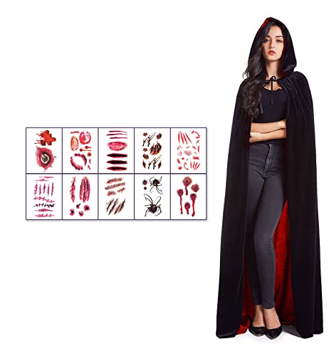 Ainkedin Halloween kostüm, Vampir kostüm, Schwarz Rot Cape 150 cm, 10 gruselige Tattoo-Aufkleber, Unisex Rollenspiel für Erwachsene faschingskostüme Mittelalter Cover