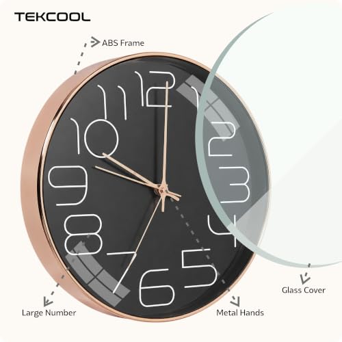 Image of TEKCOOL Plastic Digital Wall Clock 12 inch Silent Quartz Decorative Non-Ticking Classic Clock Battery Operated Round Easy to Read for Room /Home /Kitchen /Bedroom /Office /School-(Black Rosegold)'